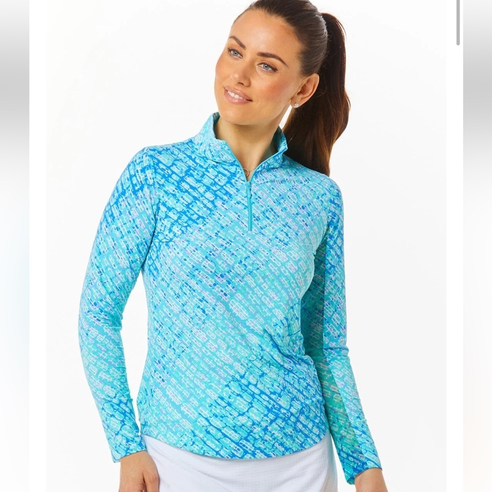 Ibkul Long Sleeve Mock 1/2 Zip Liz Jade/Lavender Print SPF 50 Sz XS